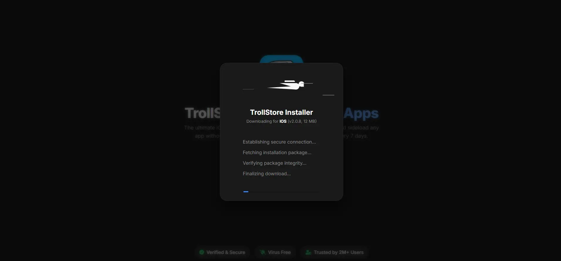 A screenshot showing the main interface of the TrollStore app on an iPhone, with a list of permanently installed applications like Spotify++ and uYou+.