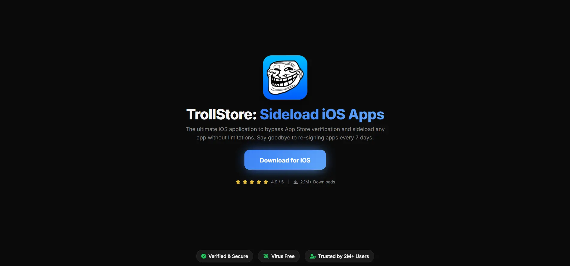 A preview of the TrollStore application interface on an iPhone, showing a list of sideloaded apps.